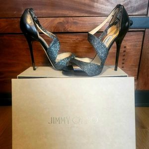 Jimmy Choo Peep Toe Glitter Anthracite Sandals Tyne 120